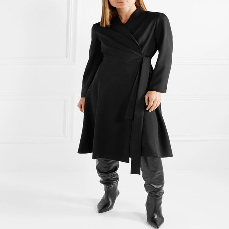 Women Wrap Midi Dress Coat in Tailoring with Shawl Collar and Tied Belt Mune Fashion