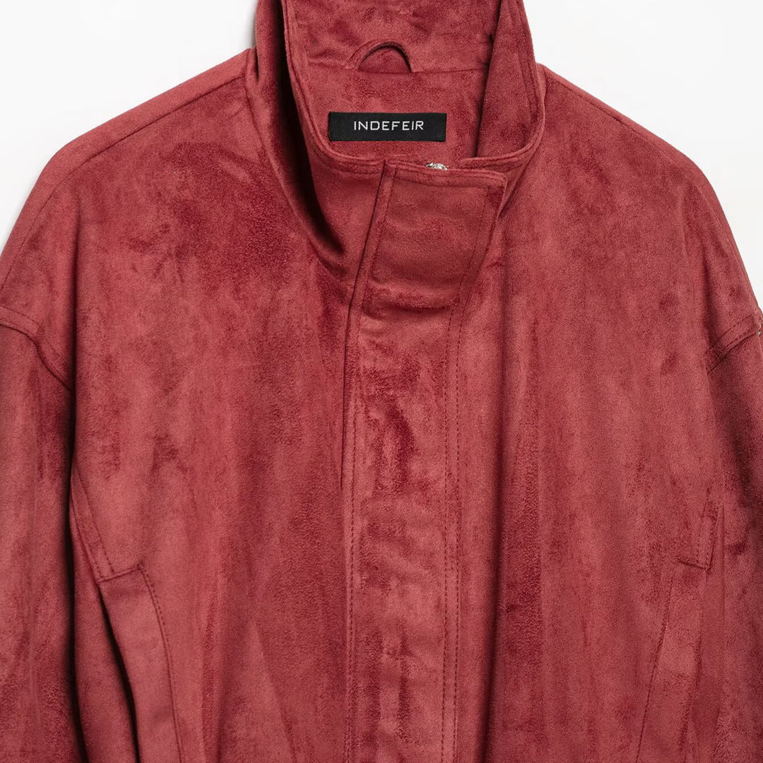 Women's kimono-inspired velour jacket with tie belt and high stand-up collar Mune Fashion