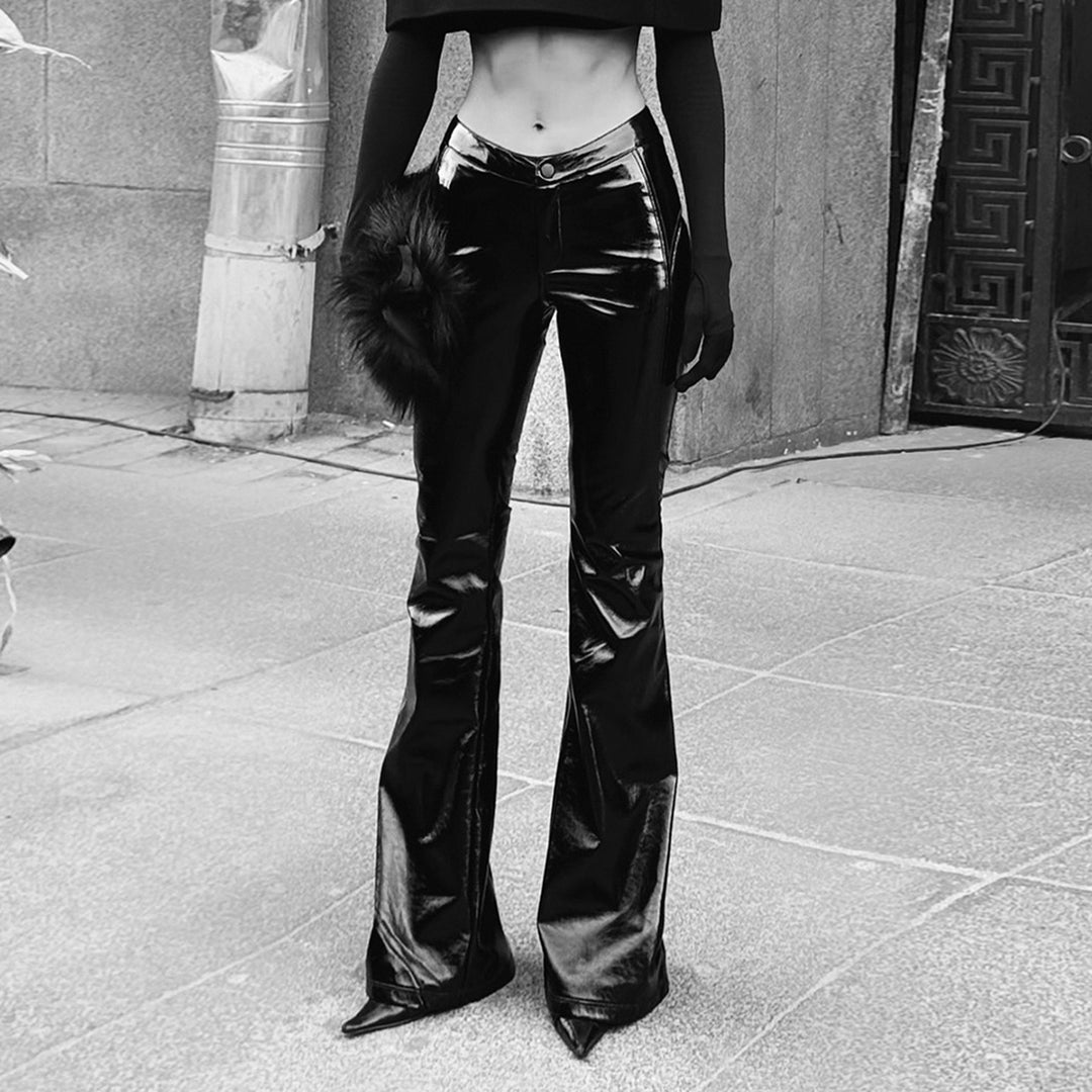 Women's high-gloss patent pants with a high waist, form-fitting thigh cut, and wide flare Mune Fashion