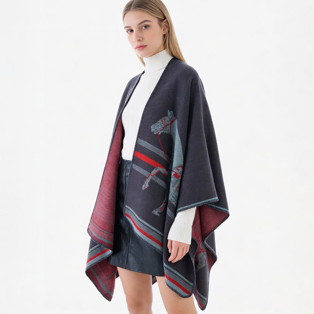 Women's poncho-cape made of wool blend with woven horse jacquard and contrasting piping Mune Fashion