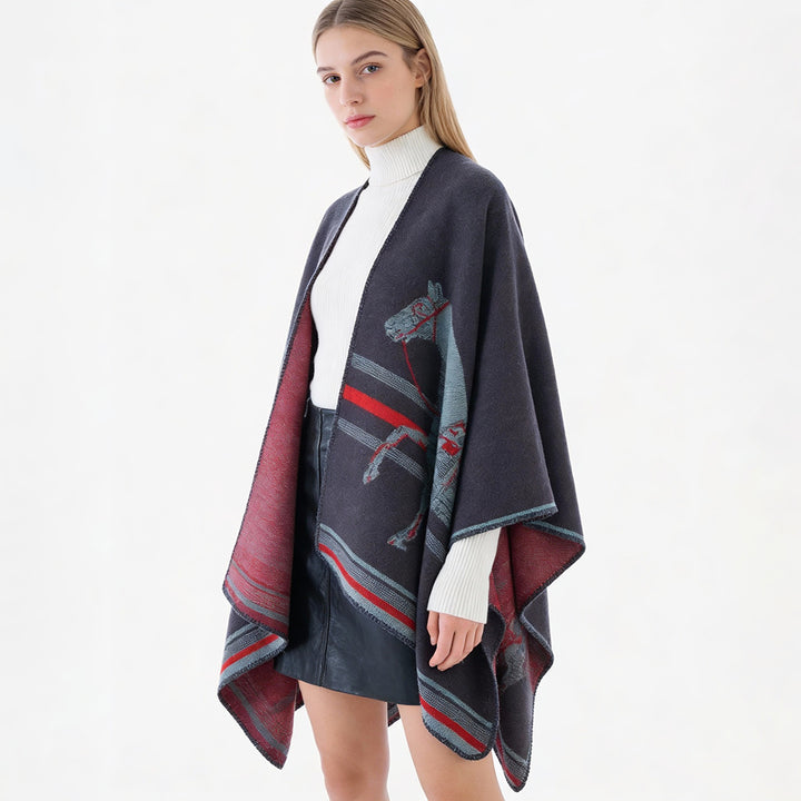 Women's poncho-cape made of wool blend with woven horse jacquard and contrasting piping Mune Fashion