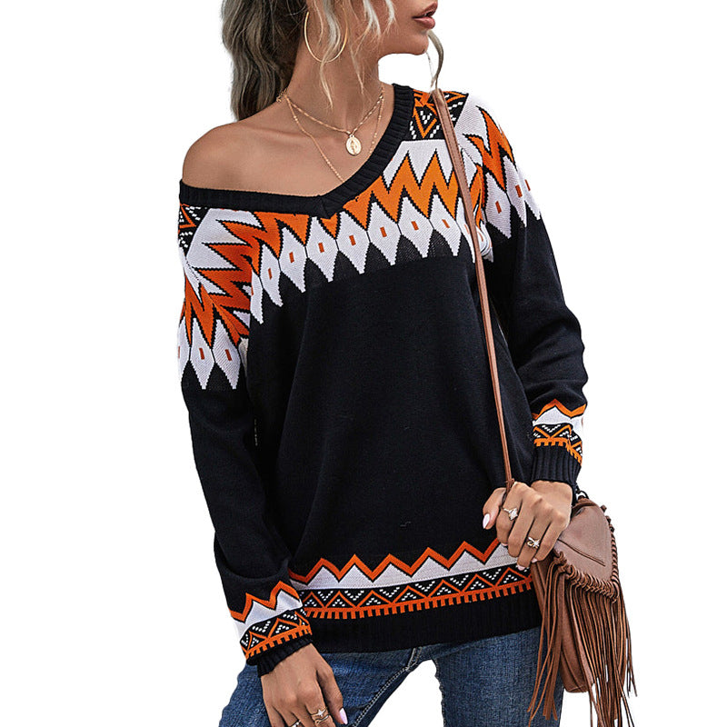 Women’s Oversize Knit Sweater with Geometric Aztec Pattern and Asymmetrical Off-Shoulder Neckline Mune Fashion