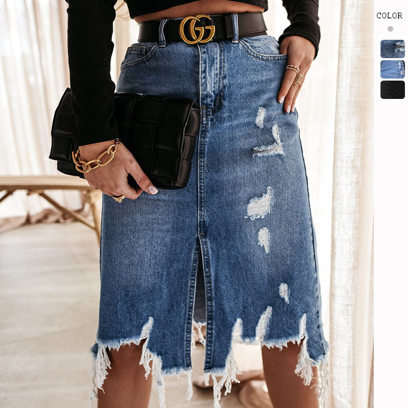 Women's tailored destroyed denim midi skirt with fringing, front slit, and belt loops Mune Fashion