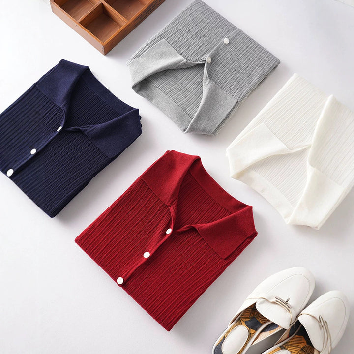 Women’s fine-knit cardigan with ribbed texture, button placket, and polo collar Mune Fashion
