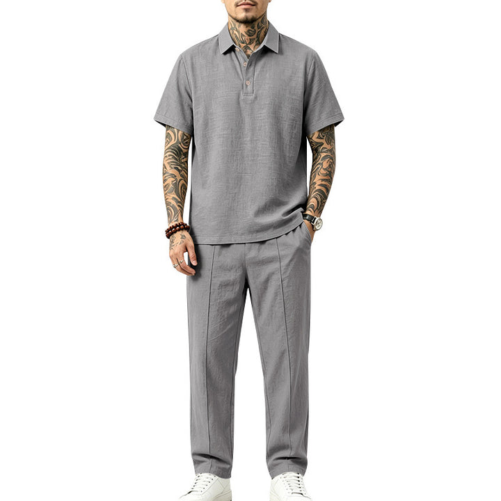 Men's Lightweight Linen Look Loungewear Set with Polo Collar and Pleats Mune Fashion