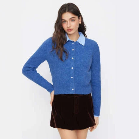 Women's Elegant Short Sweater with Shirt Collar Mune Fashion