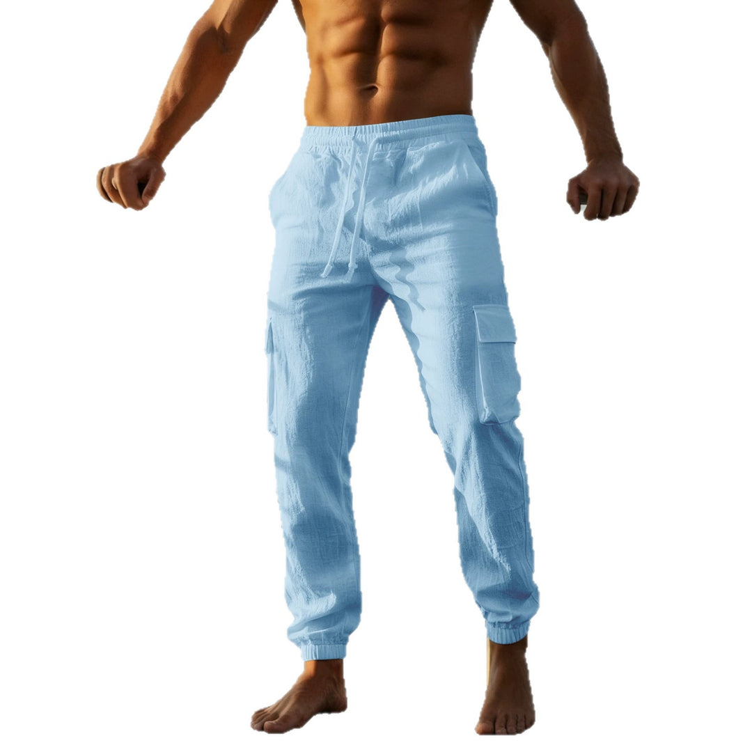 Men's summer linen cargo jogging pants with elastic drawstring waistband and patch flap pockets Mune Fashion