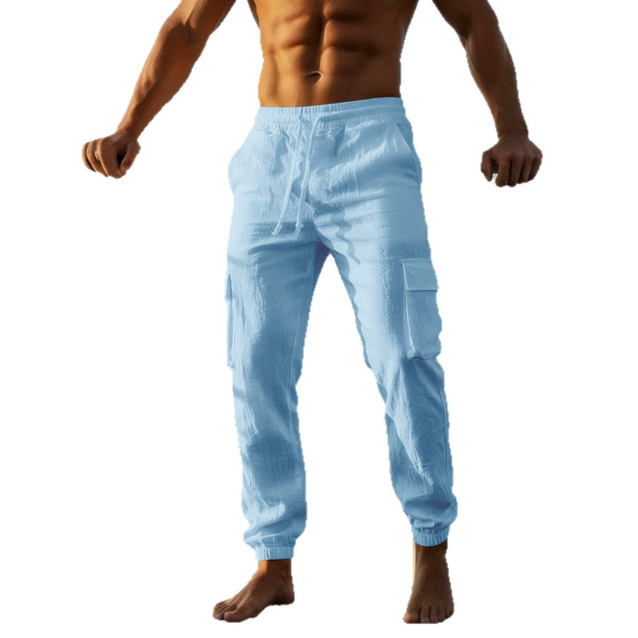 Men's summer linen cargo jogging pants with elastic drawstring waistband and patch flap pockets Mune Fashion