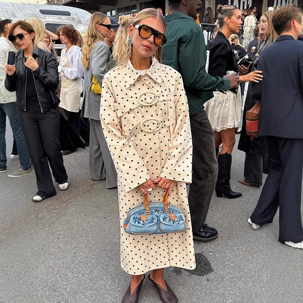 Women's long cut polka dot trench coat with oversized embellishments and boxy cut Mune Fashion