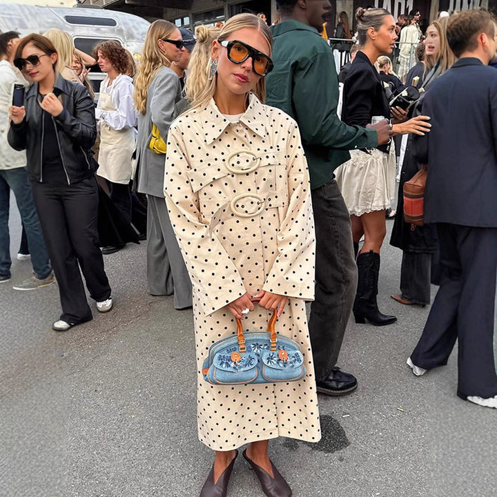 Women's long cut polka dot trench coat with oversized embellishments and boxy cut Mune Fashion