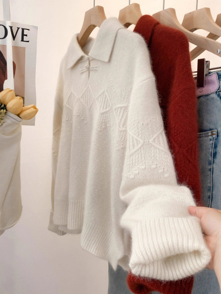 Women’s polo collar pullover in mohair look with ajour cable pattern, dropped shoulder and wide silhouette Mune Fashion