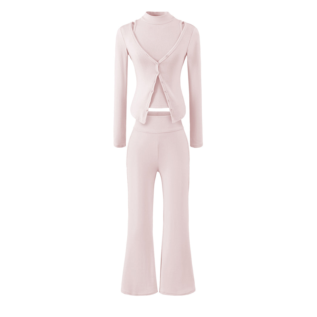 Women Figure-Hugging Layering Set with Turtleneck Long Sleeve and Asymmetrical Button Jacket and Flared High-Waist Pants Mune Fashion