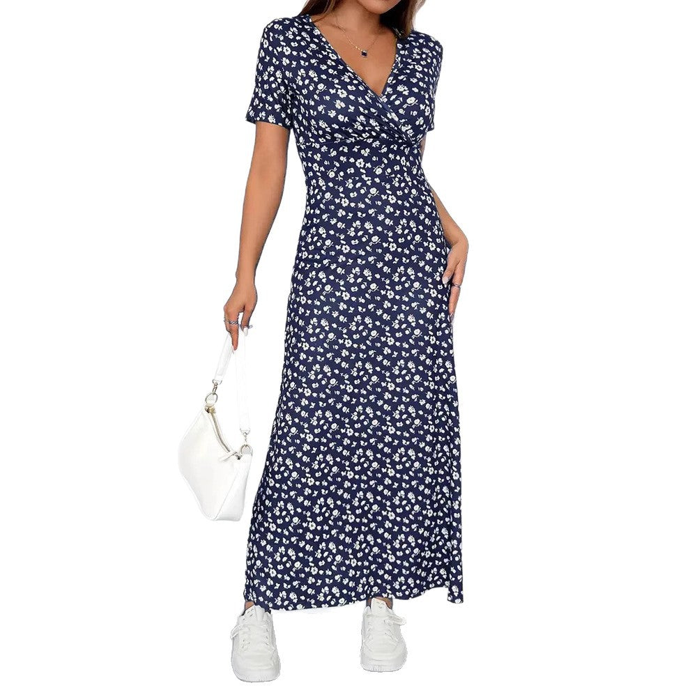 Women's fitted jersey midi dress with crossover top, short sleeves, and flared skirt Mune Fashion