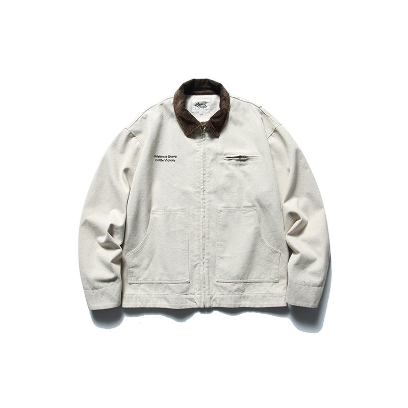 Men's Boxy Worker Jacket made of washed canvas with cord collar and zipper Mune Fashion
