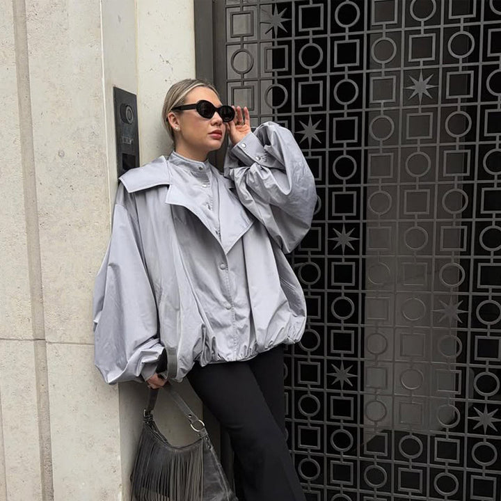 Women's Oversized Short Jacket with Wide Volume Sleeves and Drawcord Hem Mune Fashion