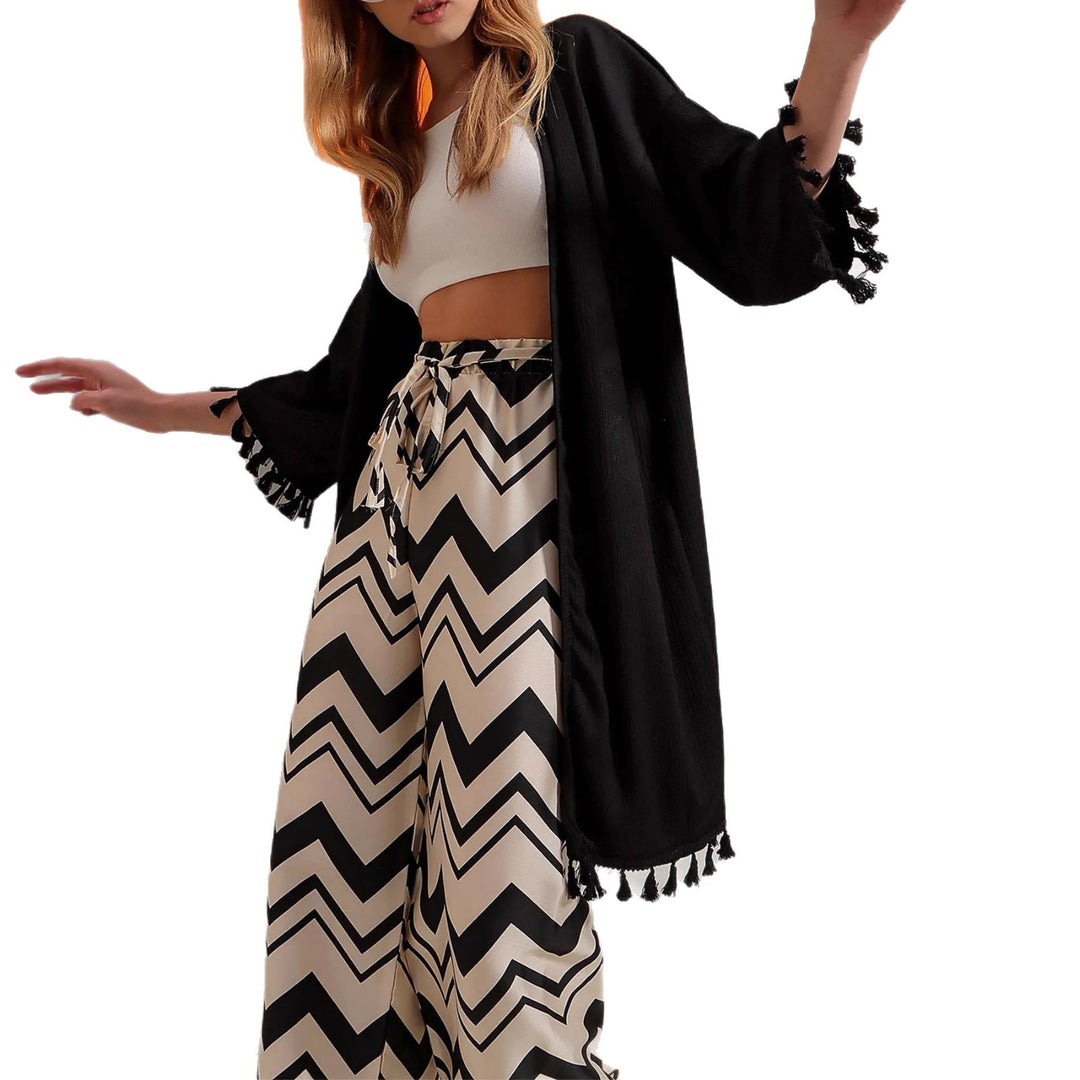 Women's Wide Satin Pants with Zigzag Print, High Elastic Waistband and Tie Belt Mune Fashion