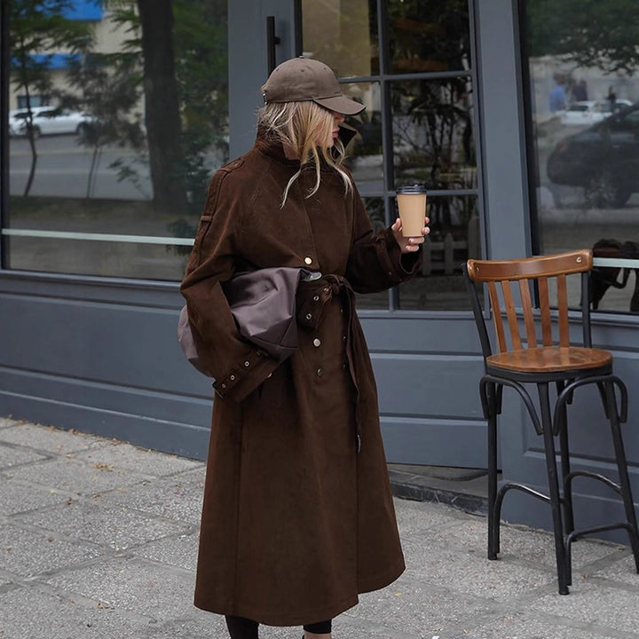 Women's Maxi Length Trench Coat in Velour Look with Double-Breasted Button Placket and Oversized Cut Mune Fashion