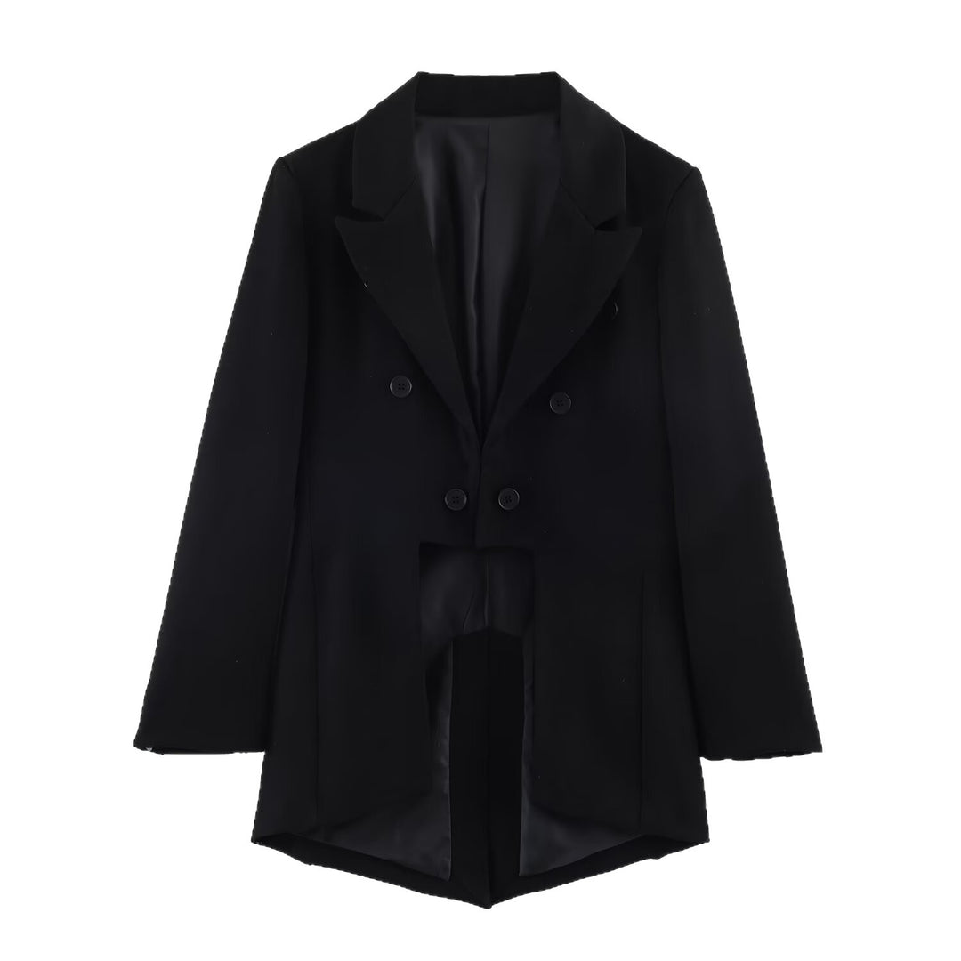 Women Double-breasted Long Blazer with Extended Hem and Back Vent Mune Fashion