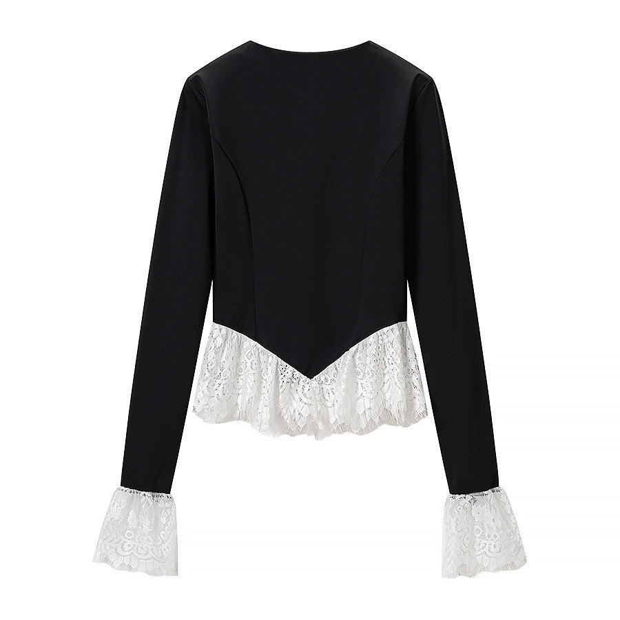 Women Tailored Short Jacket with Center Zipper and Lace Ruffles Mune Fashion