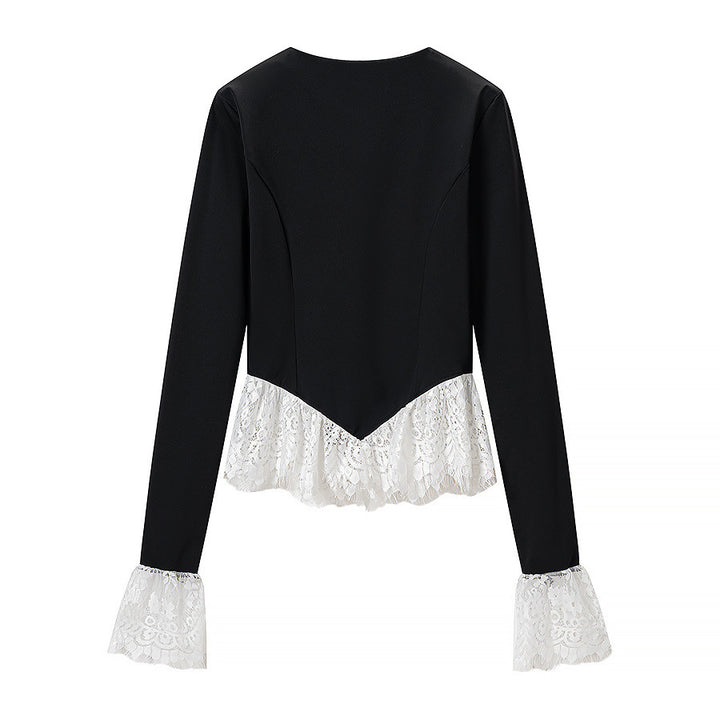 Women Tailored Short Jacket with Center Zipper and Lace Ruffles Mune Fashion