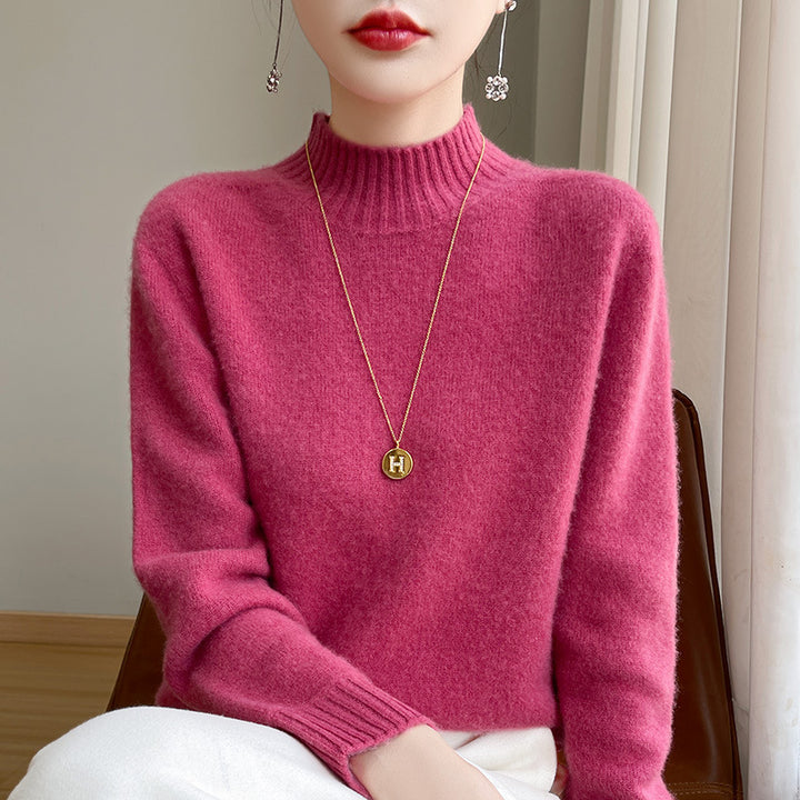 Women's Luxury Soft Midweight Mock Neck Sweater in Angora Look with Fine Rib and Relaxed Silhouette Mune Fashion