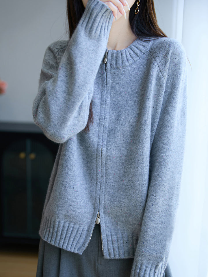Women's zip cardigan with round neck, fine nep yarn and ribbed finishes Mune Fashion