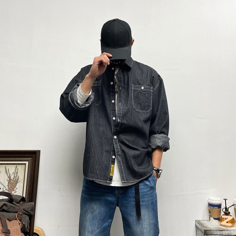 Men's Casual Denim Shirt Jacket with Stripes Mune Fashion