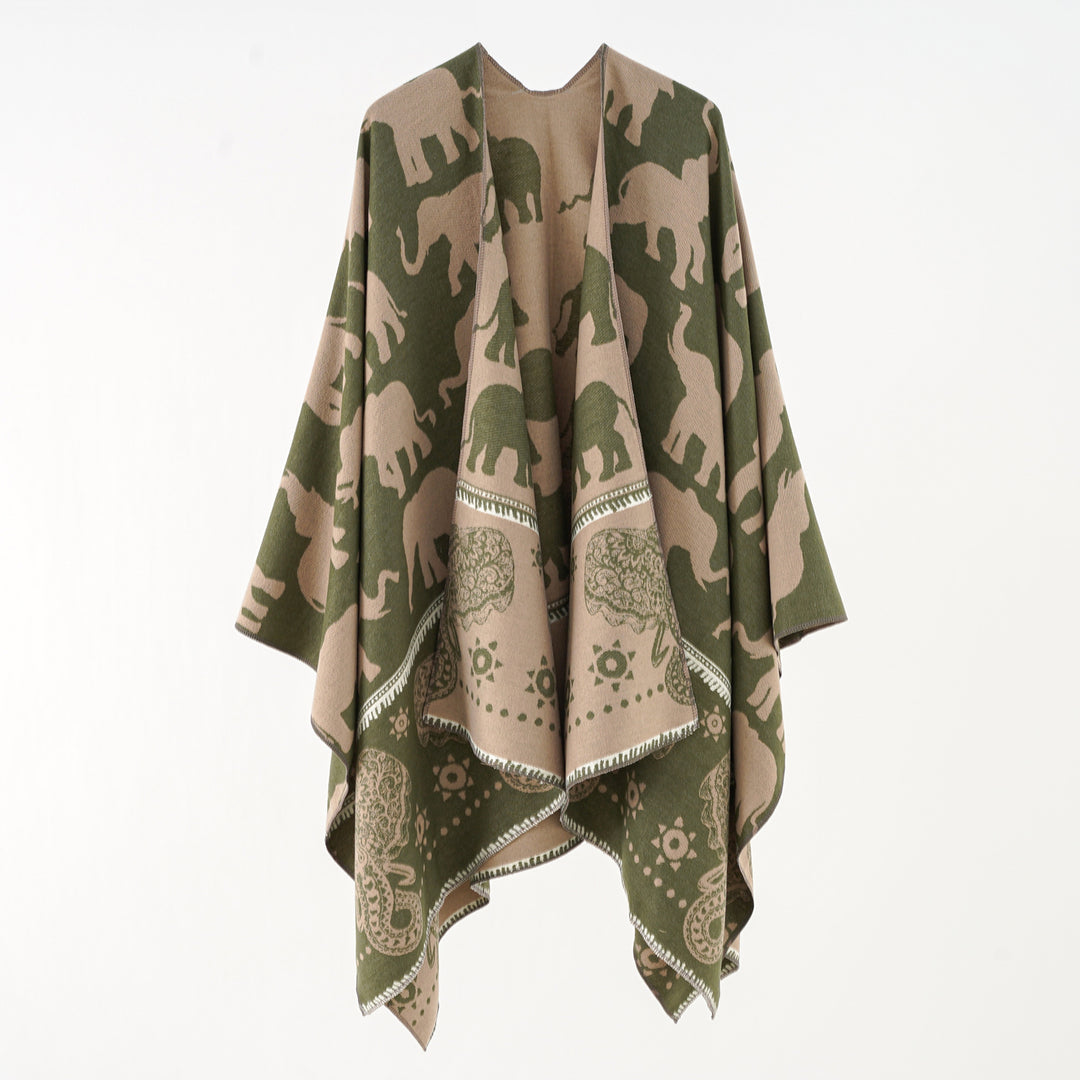 Ladies Jacquard Ruana with elephant motif and ornamental border Mune Fashion