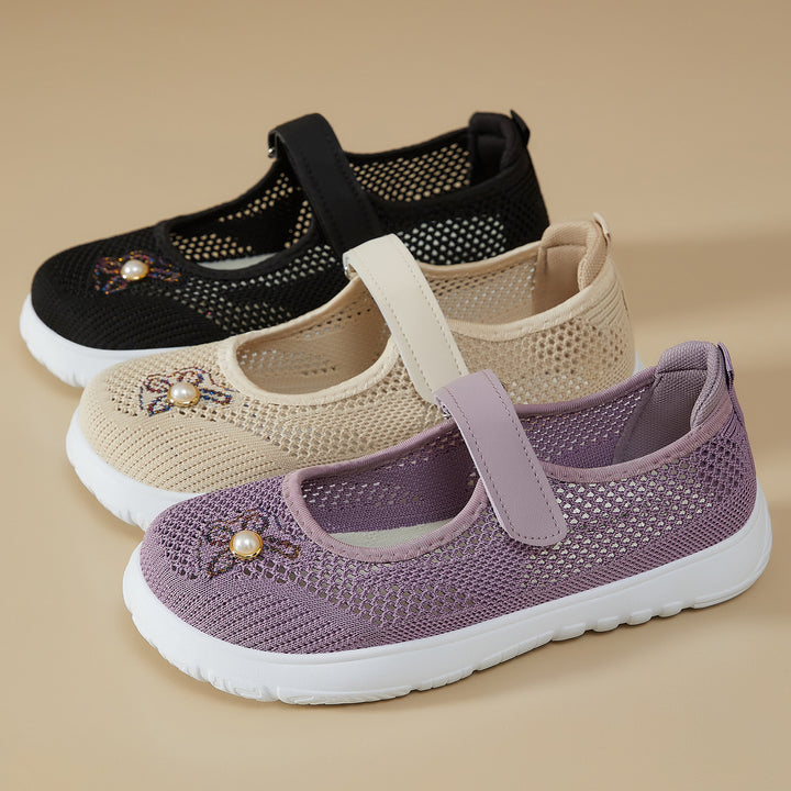 Women's knitted Mary Jane sneakers with Velcro strap, breathable knitted upper, decorative pearl appliqué, and cushioning EVA sole Mune Fashion
