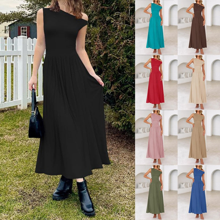 Women Asymmetrical Maxi Dress with One-Shoulder, Waist Emphasis and Side Pockets Mune Fashion