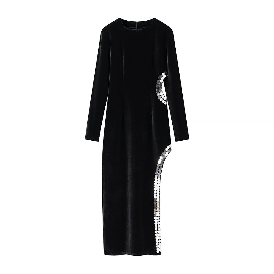 Women's Figure-Hugging Velvet Maxi Dress with Long Sleeves and Side Sequin Detailing Mune Fashion