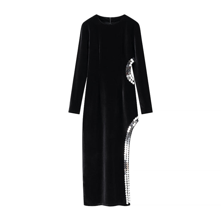 Women's Figure-Hugging Velvet Maxi Dress with Long Sleeves and Side Sequin Detailing Mune Fashion