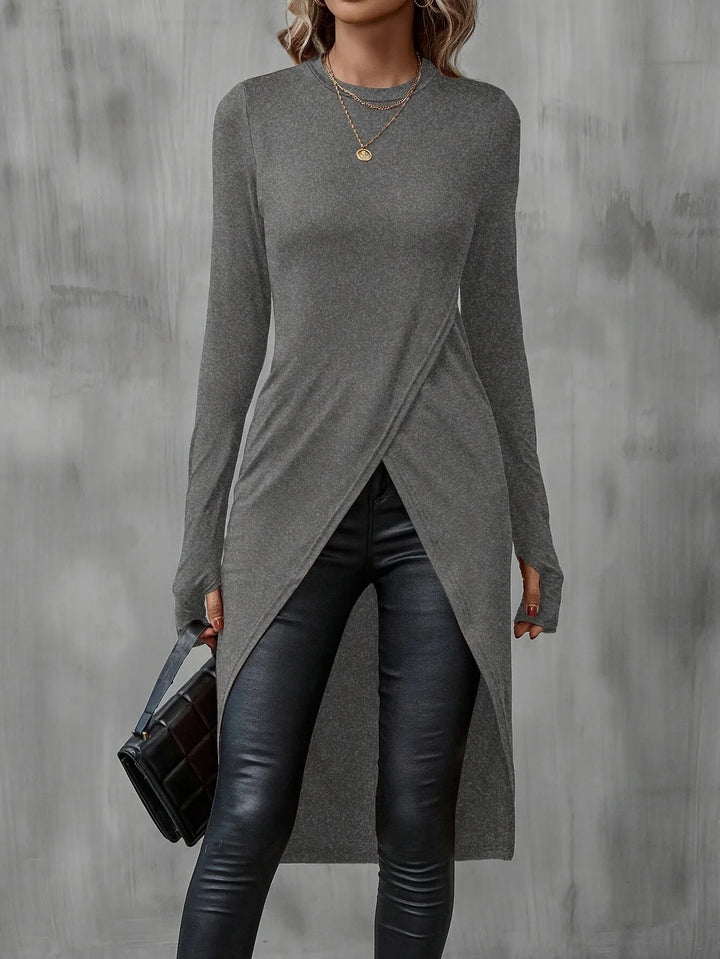 Women's Long Asymmetric Wrap Tunic Top with Front Slit Drune