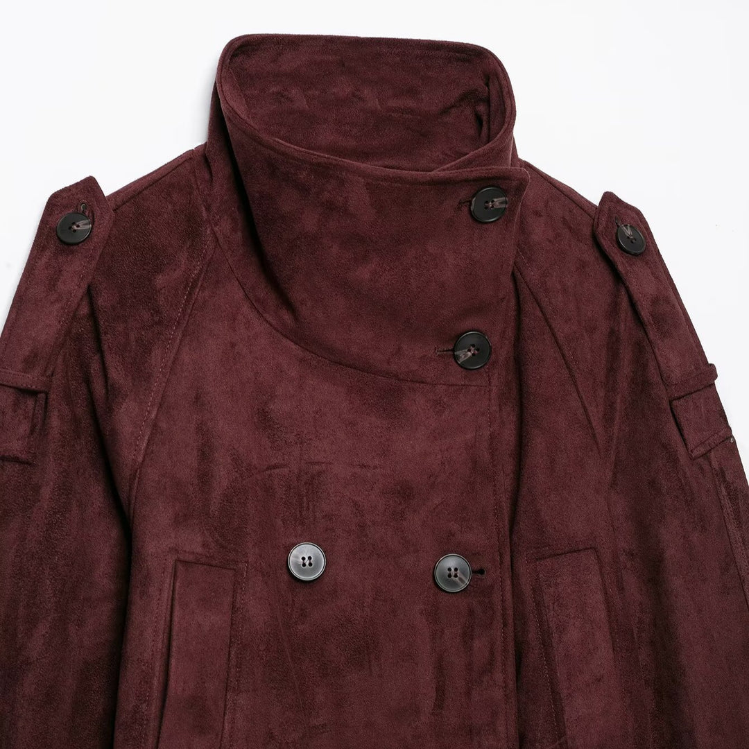 Women's short trench coat in suede look with high stand-up collar and tie belt Mune Fashion