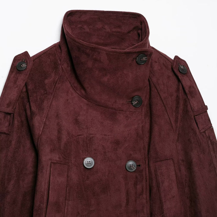 Women's short trench coat in suede look with high stand-up collar and tie belt Mune Fashion