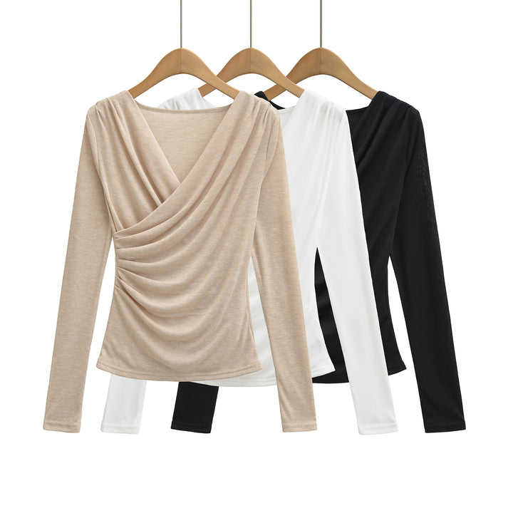 Women's Draped Long Sleeve with V-Neck and Side Gathering Mune Fashion