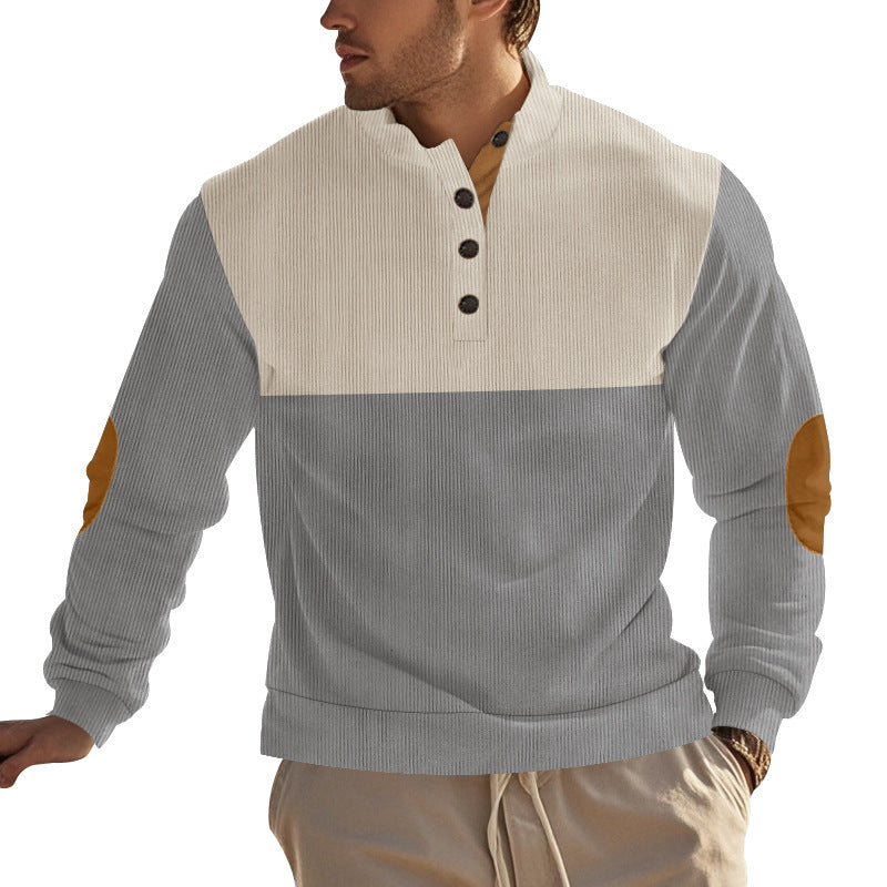 Men's ribbed knit sweater with standing collar, button placket, and leather elbow patches Mune Fashion