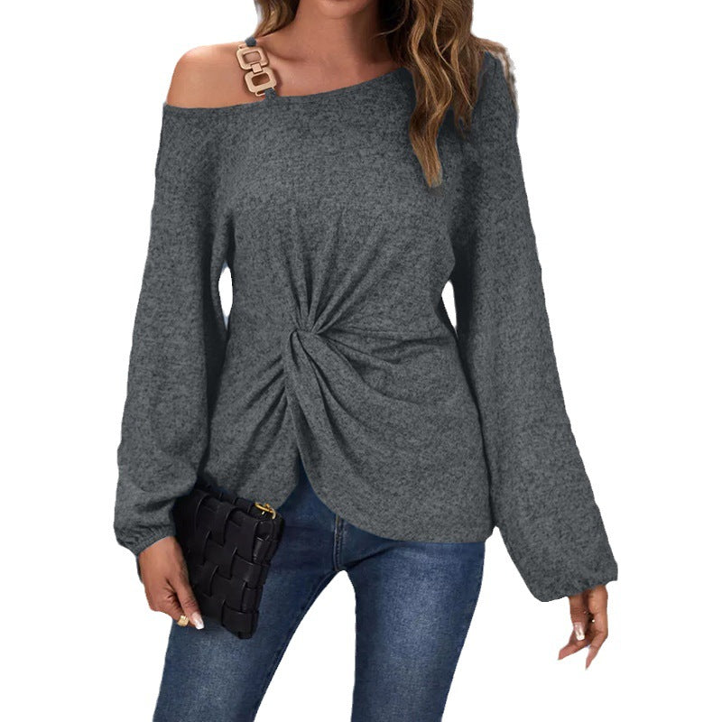 Women’s asymmetrical off-shoulder knit sweater with decorative chain strap and twisted knot front Mune Fashion