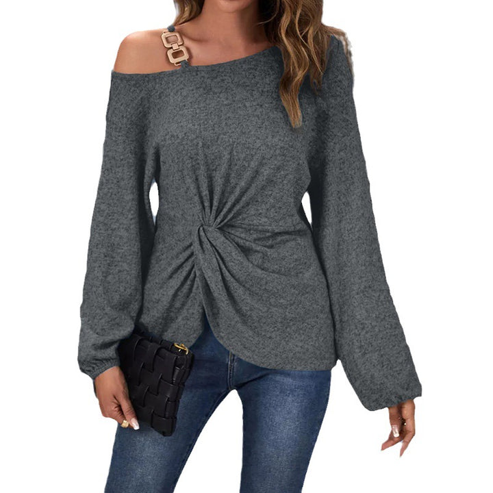 Women’s asymmetrical off-shoulder knit sweater with decorative chain strap and twisted knot front Mune Fashion