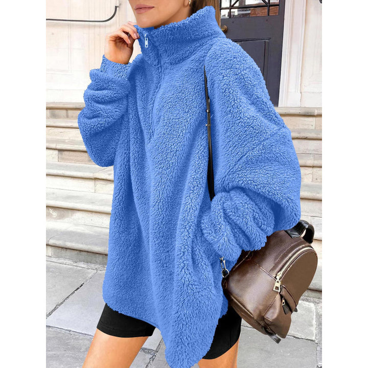 Women Fluffy Oversized Sherpa Pullover with Half Zip and Kangaroo Pockets Mune Fashion
