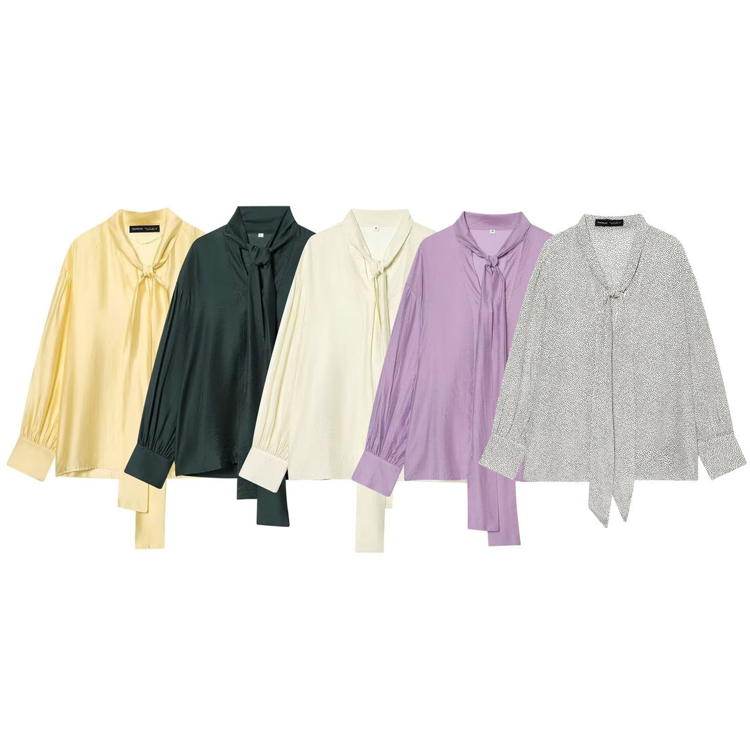Women's polka dot tie scarf blouse with V-neck, knot band and relaxed fall Mune Fashion