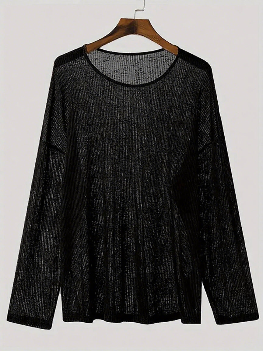Ladies fall loose long sleeve fine knit shirt with fine ribbed pattern and round neck Mune Fashion