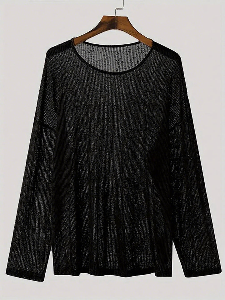 Ladies fall loose long sleeve fine knit shirt with fine ribbed pattern and round neck Mune Fashion