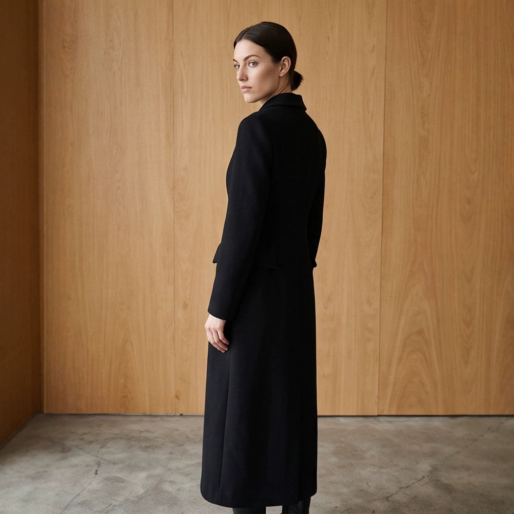 Women Tailored Long Coat with Shawl Collar and Shaping Dart Mune Fashion