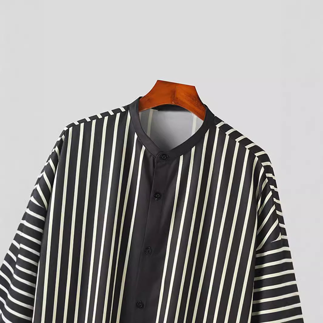 Women's striped lounge two-piece with stand-up collar button-up shirt jacket and straight pajama pants Mune Fashion