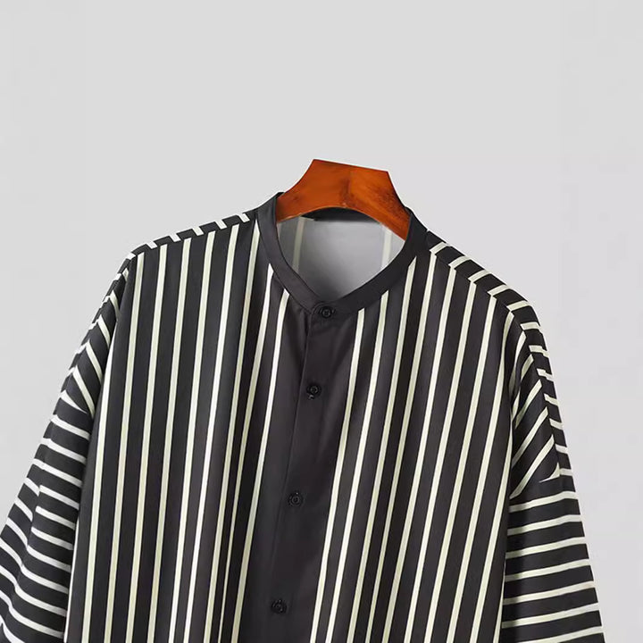 Women's striped lounge two-piece with stand-up collar button-up shirt jacket and straight pajama pants Mune Fashion