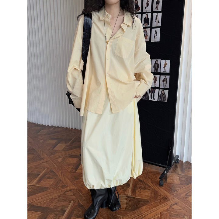 Women's Long Cut Oversized Shirt Blouse Made of Light Cotton Poplin with Chest Pocket and Rounded Hem Mune Fashion