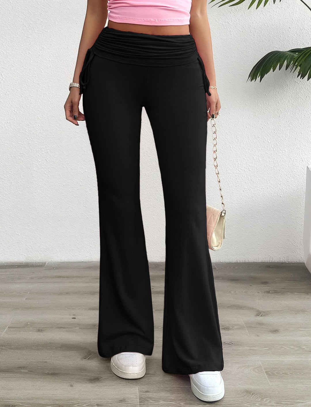 Women's soft palazzo lounge pants with folded waistband, side drawstrings, and flared leg Mune Fashion