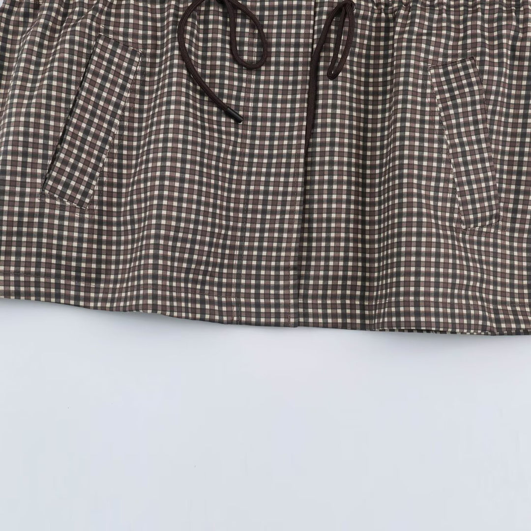 Women's Checked Transitional Parka with Drawstring Waist and High Stand-Up Collar Mune Fashion