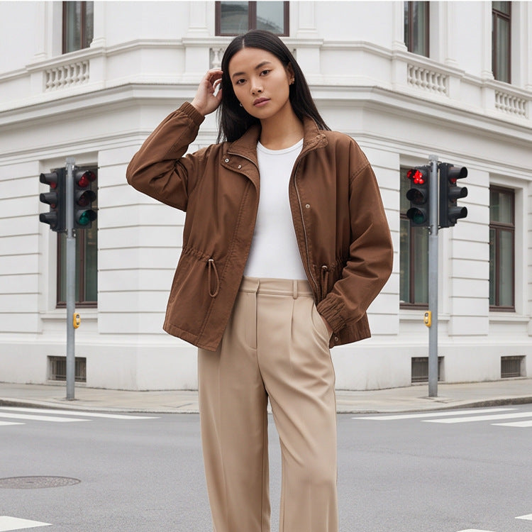 Women's utility field jacket with drawstring waist, high collar, and elastic cuffs Mune Fashion